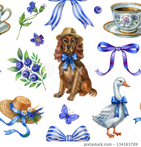 Seamless watercolor illustration pattern with cottagecore elements: cute dog, goose, bows, hats, teacups, butterflies, and blueberry branches. Perfect for textiles, wallpapers, wrapping paper, and 134163789