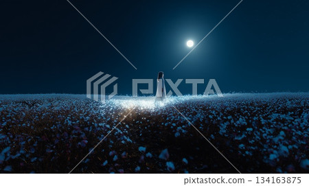 Woman stands amid glowing flower field 134163875