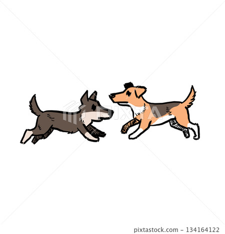 Running dogs doodle, hand drawn pair of dogs playing and running fast. Cute running dogs doodle in sketch style, isolated on white background. Running dogs doodle, hand drawn pair of dogs playing and running fast. Cute running dogs doodle in sketch style, isolated on white background. 134164122