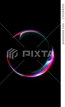 Glowing red neon orb with flowing multicolored reflections forming smooth abstract futuristic sphere shapes on a dark background. 134164202