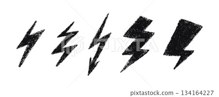 Doodle crayon lightning symbol. Hand drawn chalk lightning with grunge texture. Graphic element for collages. Crayon doodle charcoal thunder. Vector pencil illustration isolated on white background Doodle crayon lightning symbol. Hand drawn chalk lightning with grunge texture. Graphic element for collages. Crayon doodle charcoal thunder. Vector pencil illustration isolated on white background 134164227