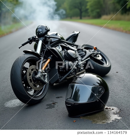 AI generated An image capturing destroyed motorcycle surrounded by fog and scattered AI generated An image capturing destroyed motorcycle surrounded by fog and scattered 134164579