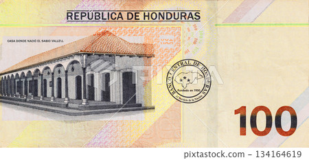 Lempira, Honduran money, 100 lempira banknote issued by Banco Central De Honduras. 134164619