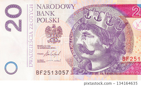 Genuine Poland banknote value 20 zloty denomination printed under central bank Polski regulation 134164635