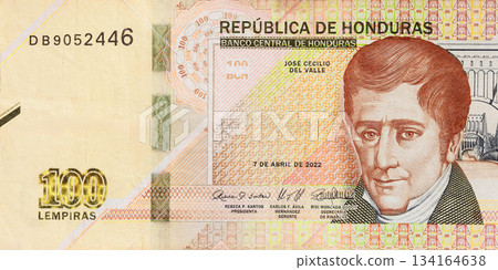 Honduran money, 100 lempiras denomination cash issued by Banco Central De Honduras. 134164638