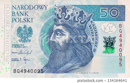 Official Polish monetary 50 zloty cash banknote released under authority of Narodowy Bank Polski Official Polish monetary 50 zloty cash banknote released under authority of Narodowy Bank Polski 134164641