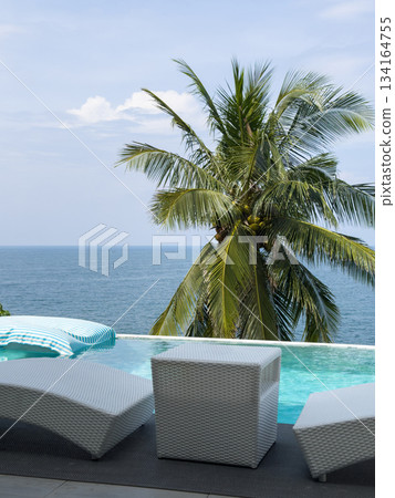 View from luxury villa at sunny day, sun loungers for sunbathing, umbrellas from the sun, pillows for swimming in the pool, palm tree on background 134164755
