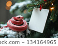 Red snake ornament hanging on christmas tree with blank tag 134164965