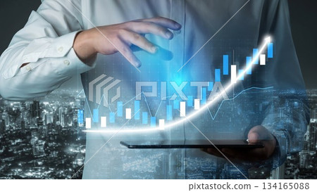 Businessman Using Technology to Analyze Financial Data with a Rising Chart in a Modern Urban Setting at Night Copula 134165088