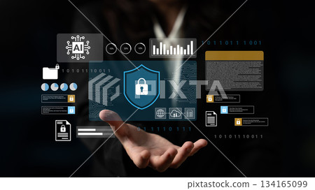 Futuristic digital security concept with holographic shield, data analytics, and cybersecurity icons for secure information protection and technology advancement Gantry Futuristic digital security concept with holographic shield, data analytics, and cybersecurity icons for secure information protection and technology advancement Gantry 134165099