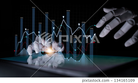 Futuristic robotic hand analyzing digital data with financial graphs and charts on a tablet, representing technology and innovation in finance and analytics Scalp 134165109