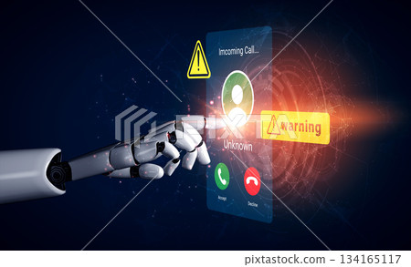 Futuristic Robot Hand Reaching for Incoming Call Notification on Smartphone with Warning Symbols and Unknown Caller Identification Gantry 134165117