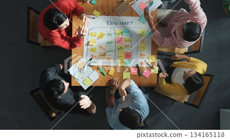 Top view of diverse people writing and making scrum task board. Convocation. 134165118