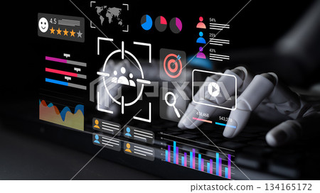 Futuristic Digital Interface with Data Visualization, Analytics Tools, and Target Icons Featuring a Robotic Hand Typing on a Keyboard Gantry 134165172