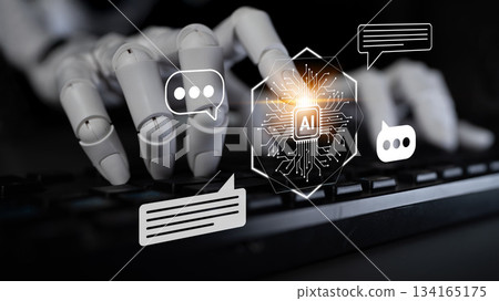 Futuristic robotic hand typing on keyboard with artificial intelligence graphics, digital communication, and modern technology symbols on screen Gantry Futuristic robotic hand typing on keyboard with artificial intelligence graphics, digital communication, and modern technology symbols on screen Gantry 134165175