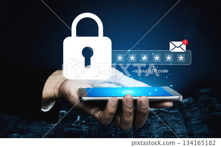 Secure Mobile Authentication Process with Lock Icon and OTP Code Visualization for Digital Safety and Cybersecurity Awareness Gantry 134165182