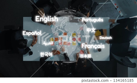 Global Business Meeting Featuring Diverse Languages and Cultures Around a World Map with Professional Team Collaboration in a Modern Office Space. Raster Global Business Meeting Featuring Diverse Languages and Cultures Around a World Map with Professional Team Collaboration in a Modern Office Space. Raster 134165185