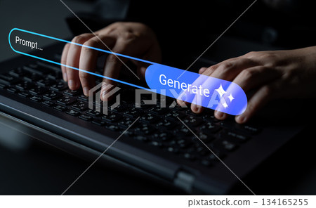 Hands on Keyboard with Interactive Generate Button in Dark Environment for Digital Creativity and Modern Technology Concept Gantry 134165255