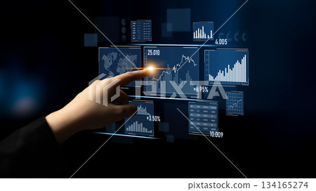 Modern Technology User Interacting with Digital Data Dashboard Displaying Financial Statistics and Graphs for Business Analysis and Insight Extraction Scalp 134165274