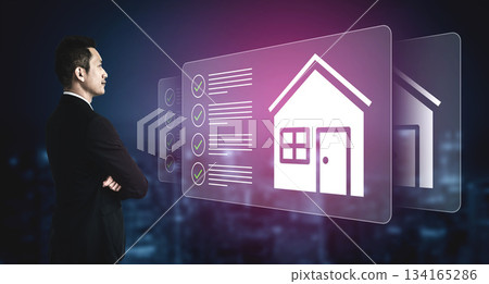 Professional Man Observing Virtual Home Management Software with Checklists and Property Icons against a City Skyline Background Gantry 134165286