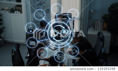 Modern Office Meeting with AI Technology Integration, Team Collaboration with Graphic Data Illustration, Digital Transformation in Work Environment. Raster Modern Office Meeting with AI Technology Integration, Team Collaboration with Graphic Data Illustration, Digital Transformation in Work Environment. Raster 134165299