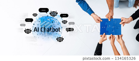 Hands Collaborating with Puzzle Pieces Around AI Chatbot Concept, Symbolizing Teamwork, Technology, and Communication in Modern Business Strategies Trope 134165326
