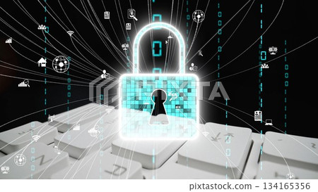 Conceptual image of digital security featuring a glowing padlock symbol over a keyboard with data icons representing cyber security and technology themes xenic Conceptual image of digital security featuring a glowing padlock symbol over a keyboard with data icons representing cyber security and technology themes xenic 134165356