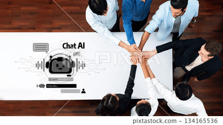 Team Collaboration with AI Technology Concept at Desk, Hands Together, Futuristic Chatbot Interface Symbolizing Digital Communication and Innovation Trope Team Collaboration with AI Technology Concept at Desk, Hands Together, Futuristic Chatbot Interface Symbolizing Digital Communication and Innovation Trope 134165536
