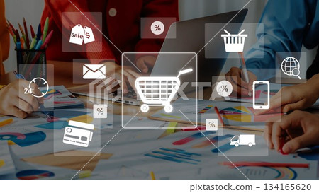 Collaborative Workspace with Digital Shopping Icons for Modern E-commerce Strategies and Brand Promotion in a Competitive Market. Raster 134165620