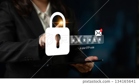 Business person entering OTP code for secure online authentication with digital padlock icon representing privacy and cybersecurity in modern technology Gantry Business person entering OTP code for secure online authentication with digital padlock icon representing privacy and cybersecurity in modern technology Gantry 134165641