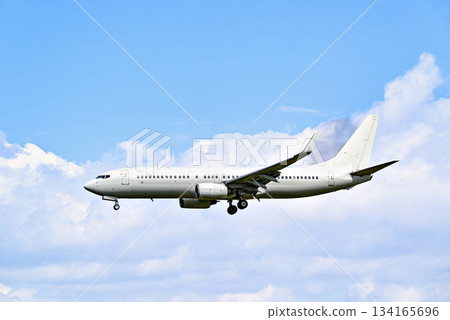 Passenger plane landing at the airport, under a blue sky with white clouds Passenger plane landing at the airport, under a blue sky with white clouds 134165696