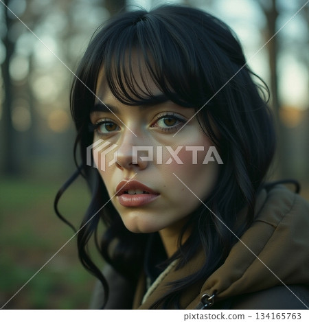 AI generated Misty natural environment featuring young woman deep in thought 134165763