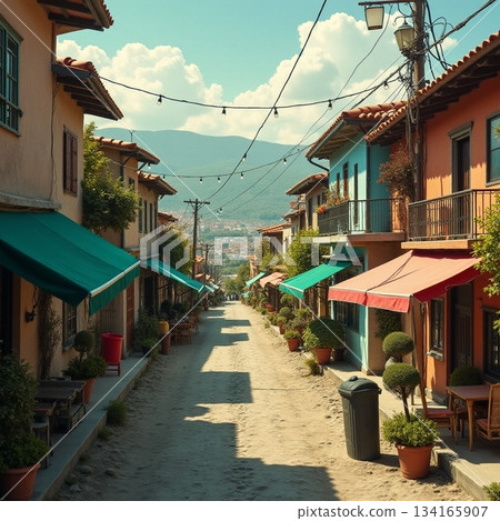 AI generated Colorful market street ambiance, Bustling shoplined alley under bright 134165907