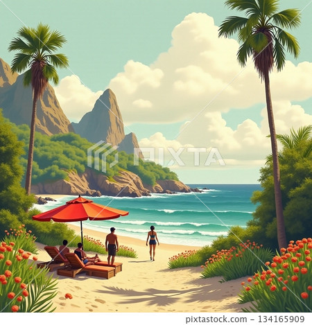 AI generated Remote seaside location featuring lush vegetation and radiant sunshine 134165909