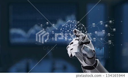Futuristic robotic hand interacting with digital data visualization technology in a modern office environment showcasing innovation and automation in business Synapse 134165944
