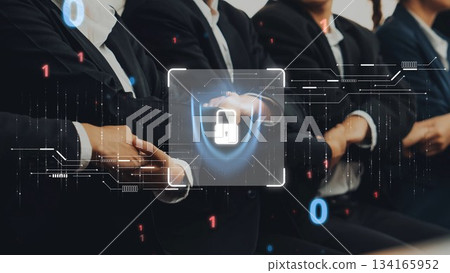 Professional Business Team Engaged in Cybersecurity Discussion with Digital Lock and Data Visualization in Modern Office Environment. Raster Professional Business Team Engaged in Cybersecurity Discussion with Digital Lock and Data Visualization in Modern Office Environment. Raster 134165952