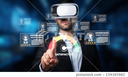 Man in Virtual Reality Headset Interacting with Customer Reviews for Enhanced Satisfaction and User Experience in Digital Environment. Raster Man in Virtual Reality Headset Interacting with Customer Reviews for Enhanced Satisfaction and User Experience in Digital Environment. Raster 134165982