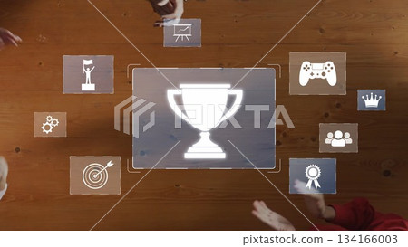 Group Collaboration with Achievement Icons Illustrating Success, Gaming, Teamwork, and Awards on a Wooden Table Background. Raster Group Collaboration with Achievement Icons Illustrating Success, Gaming, Teamwork, and Awards on a Wooden Table Background. Raster 134166003
