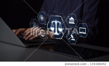 Digital law interface displaying justice scale, highlighting digital law Muxer 134166042