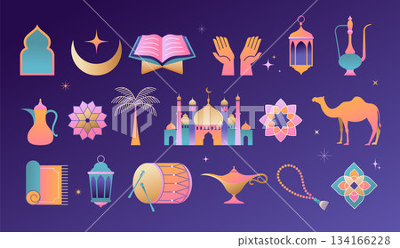 Collection of colorful Ramadan illustrations and design elements with color gradient. Modern Islamic Collection of colorful Ramadan illustrations and design elements with color gradient. Modern Islamic 134166228