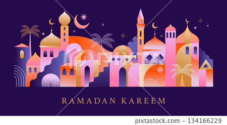 Ramadan Kareem greeting card template and wallpaper design. Modern geometric Islamic city landscape Ramadan Kareem greeting card template and wallpaper design. Modern geometric Islamic city landscape 134166229