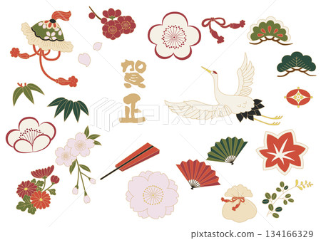 一組可用於製作新年賀卡的日式圖案零件。 134166329