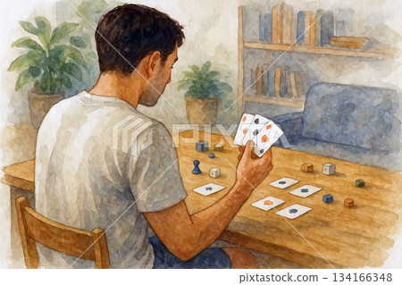 A Japanese man thinking about playing a card game, seen over his shoulder 134166348