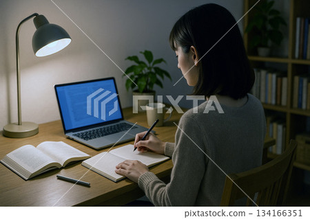 冬夜裡複習準備（過肩鏡頭） 134166351