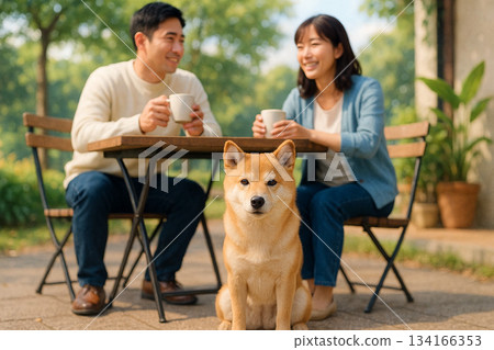 一對日本夫婦帶著他們的小柴犬在允許帶狗的咖啡館放鬆（低角度拍攝） 134166353