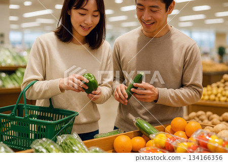一對日本夫婦在超市挑選食材 134166356