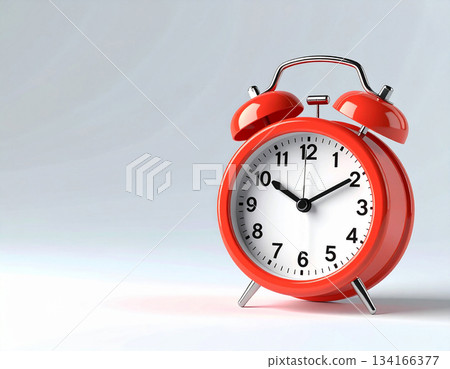Minimalist decor. Red vintage alarm clock on background in pastel color with copy space. Minimalist decor. Red vintage alarm clock on background in pastel color with copy space. 134166377