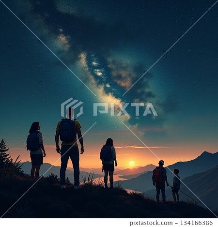 AI generated Group of explorers observing early morning light and shimmering stars AI generated Group of explorers observing early morning light and shimmering stars 134166386