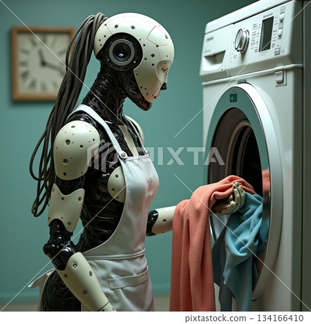 AI generated Sleek android laundry assistant loading frontloader washer 134166410