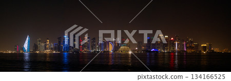 Panoramic view of big city downtown over an ocean galf 134166525